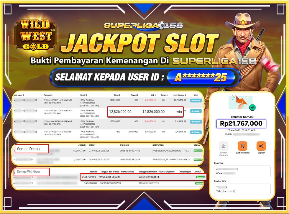 SUPERLIGA168 JACKPOT WILD WEST GOLD Rp.21,767,000.LUNAS
